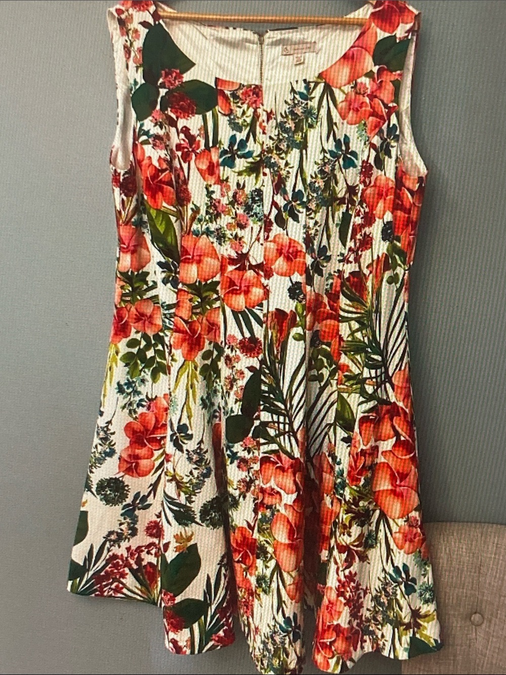 Dressbarn White Floral A-Line Dress with Coral and Green Print